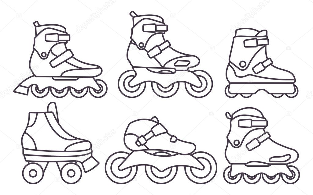 Set of Inline Roller Skates icons isolated on white background. Outline vector illustration.