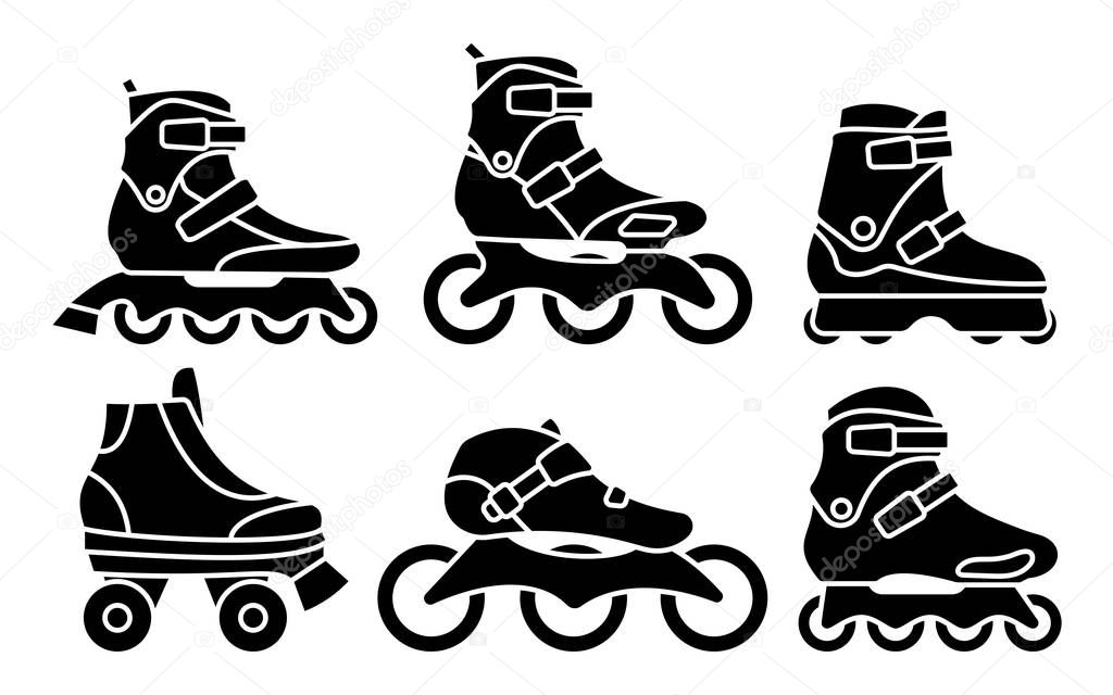 Set of Inline Roller Skates icons isolated on white background. Silhouette vector illustration.