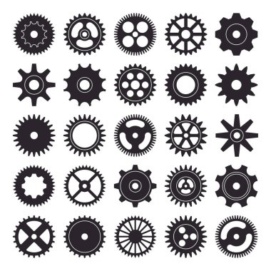 Cogwheel siluet simgeleri beyaz arka plan üzerinde izole ayarlayın. Vektör çizimi
