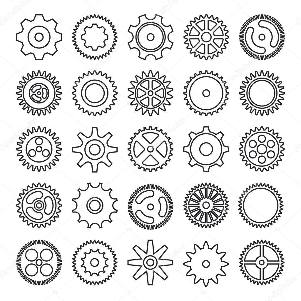 Cogwheel outline icons set isolated on white background. Vector illustration