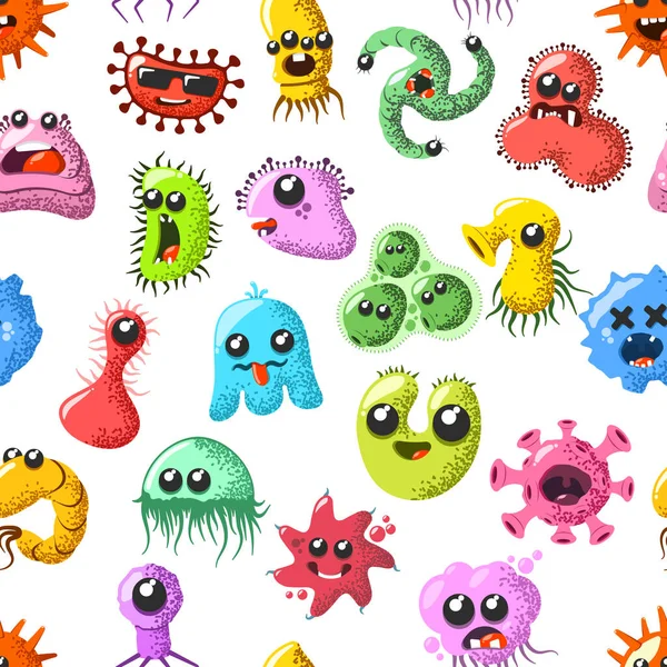 Grappig en schattig virus, bacteriën, kiemen stripfiguren naadloos patroon. Achtergrond van microbe en pathogeen micro-organisme. — Stockvector