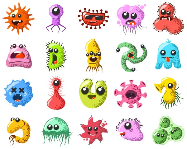 Zabawny i ładny wirus, bakterie, zestaw postaci z kreskówek. Mikrob i mikroorganizm chorobotwórczy izolowane na białym tle. — Wektor stockowy