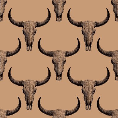 Piksel bufalo kafatasları ve boynuzlarıyla kusursuz bir desen. Kumaş, duvar kâğıdı, kırsal dekor ve yaratıcı grafik projeler için idealdir..