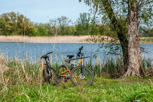 küçük bir nehir üzerinde balıkçılar iki bisiklet