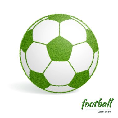 Futbol topu çim dokusu ile yeşil. Beyaz bir arka plan üzerinde yumuşak gölgeler ile. İzole. Metin ile. Vektör çizim.
