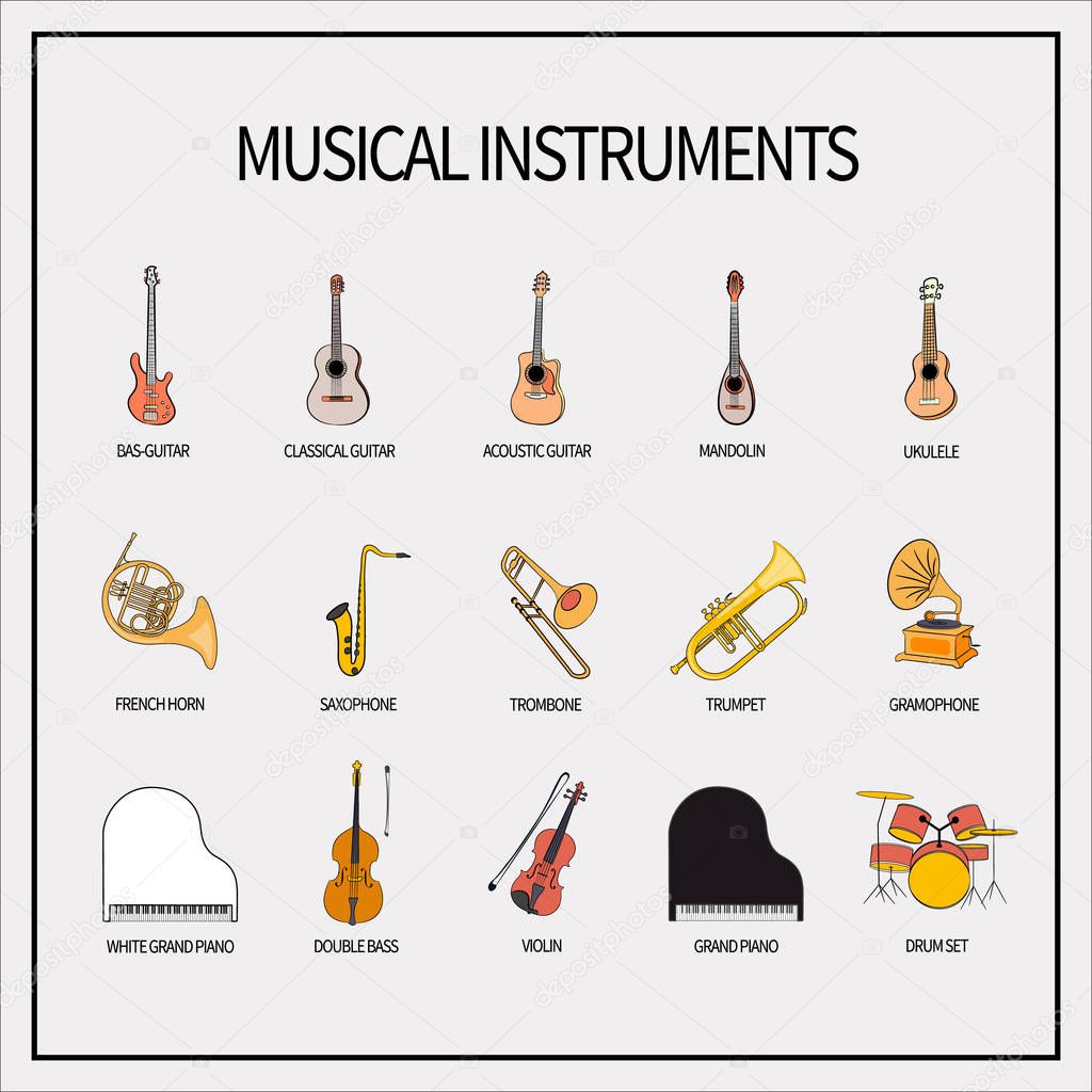 A set of icons with musical instruments. Guitars, winds, strings, keyboards, percussion instruments and a microphone with a gramophone. Isolated on a light background. Vector illustration.
