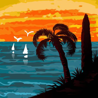 Deniz manzarası hurma ve yelkenleri ile