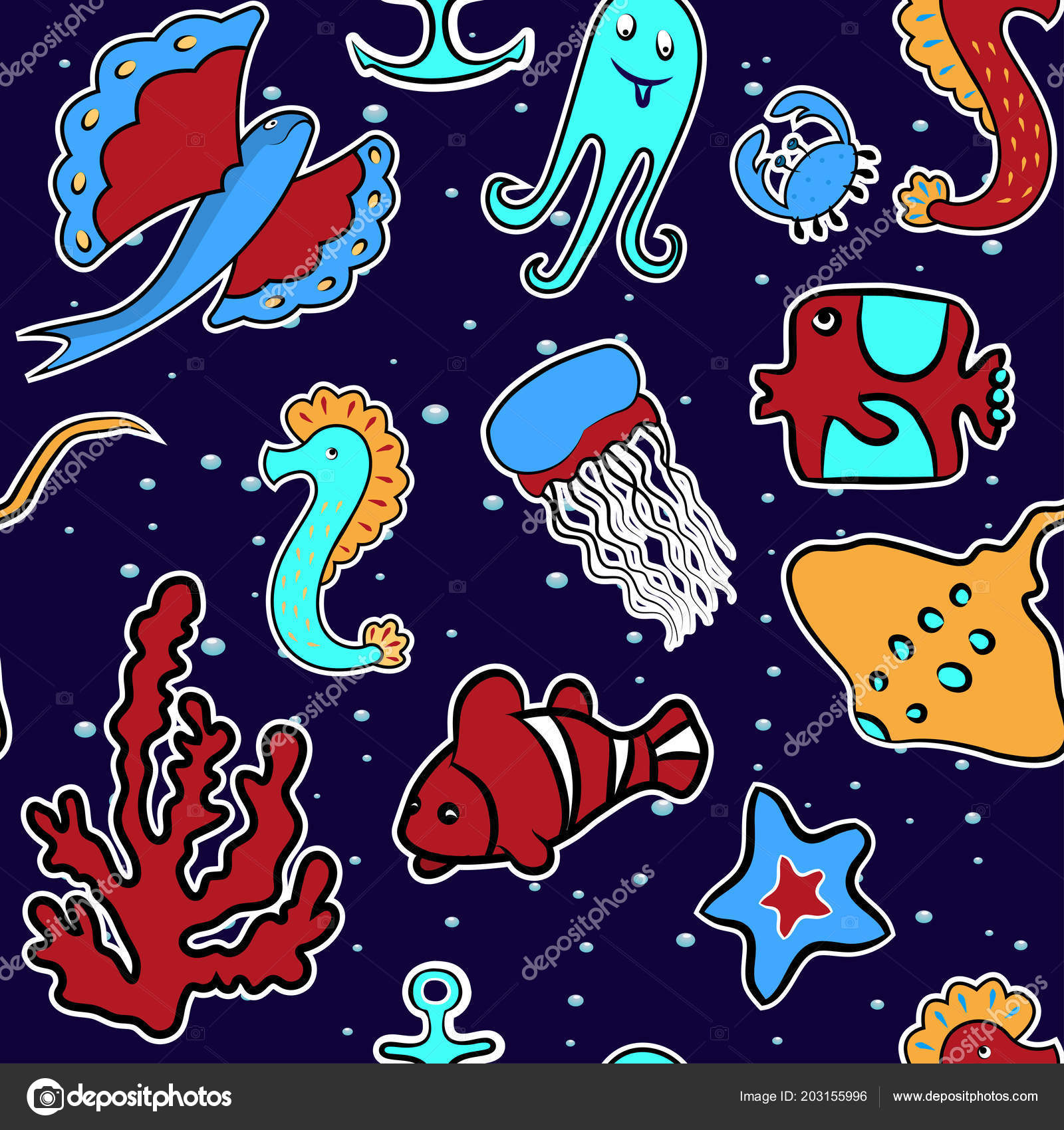동물에서 배경입니다 해파리는 가오리 Parrotfish 불가사리 기포와 파란색 직물에 일러스트 — 무료 스톡 벡터 ©  Danilina.Olga.Gmail.Com #203155996