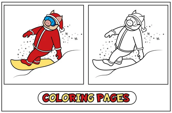 Colorare Babbo Natale maiale sullo snowboard — Vettoriale Stock