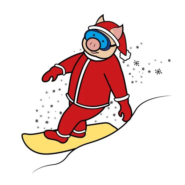 Snowboarder cerdo santa claus símbolo 2019 — Vector de stock