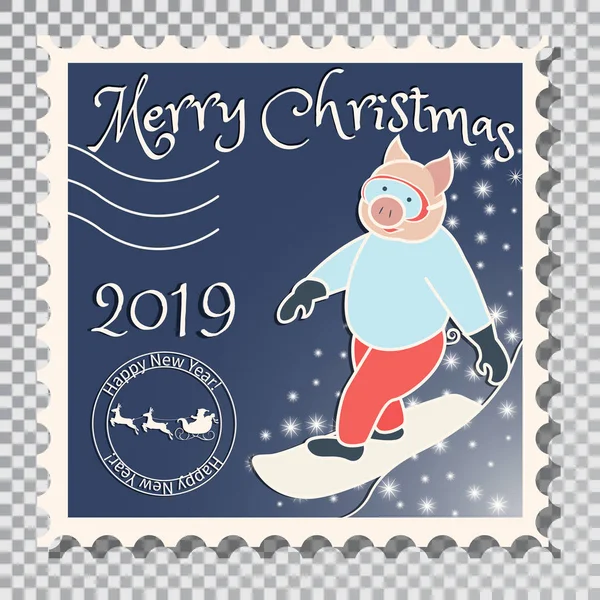 Свинья сноубордистка. Рождество. Почтовая марка — стоковый вектор