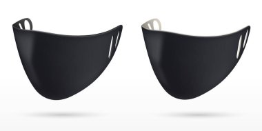 Koruyucu iki siyah yüz maskesi. Marka reklamcılığı için. Logonun yerleşimi. Enfeksiyona ve kirli havaya karşı koruma. Üç boyutlu gerçekçi illüstrasyon. Beyaz arkaplan ve vektörde izole.