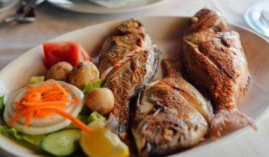 Okyanus balık patates ve limon ile süslenmiş. Denize yakın restoranda taze deniz ürünleri tabağı