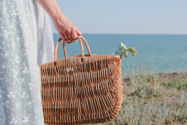 Bolsa Paja Moderna Hermosa Bolsa Femenina Fondo Del Mar —  Fotos de Stock