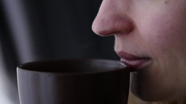 Mladá žena pije kávu nebo čaj v blízkosti okna. Zpomalený pohyb — Stock video