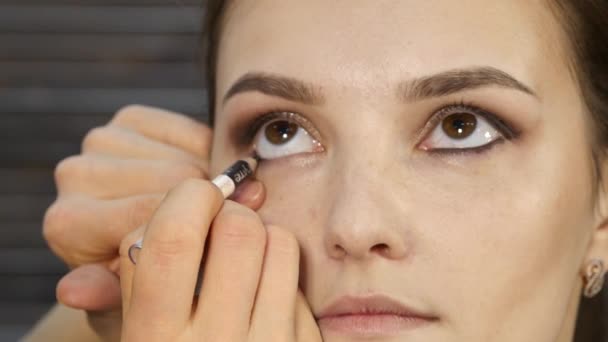 Επαγγελματία make-up artist κάνει μακιγιάζ ματιών σε ένα πρόσωπο του πελάτη. ομορφιά βιομηχανία μόδας — Αρχείο Βίντεο