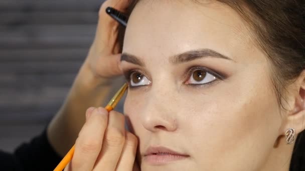 Un maquilleur professionnel maquille le visage d'un client. industrie de la mode beauté — Video