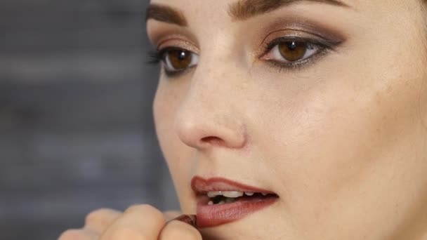 Female make-up artist apply pink lipstick with brush on a client lips — Stock Video