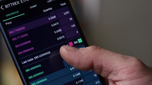 L'homme utilise un smartphone pour le trading sur Internet crypto-monnaie. 4K — Video