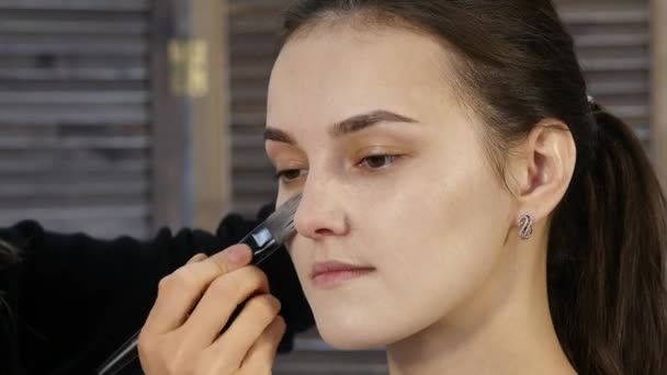 Primer plano del maquillador profesional que hace el maquillaje diario, pone polvo en las mejillas de las mujeres con cepillo — Vídeos de Stock