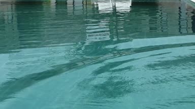 Genç kadın siyah geniş ağzına kadar ve yüzme havuzunda dinlenme güneş gözlüğü