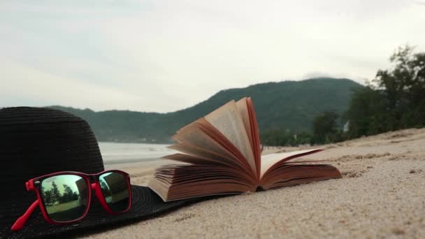 Книга на морском песке на пляже переворачивает страницу с ветерком — стоковое видео