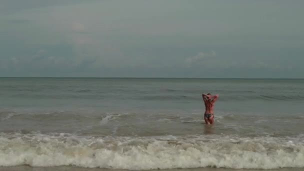 Junge Frauen im Bikini in einem Meer mit Wellen genießen Sonnenbaden und Strandurlaub — Stockvideo