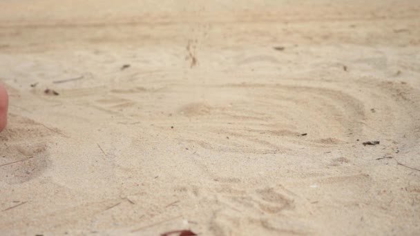 Женские руки играют с песком на экзотическом пляже и размытом фоне океана. летние каникулы — стоковое видео