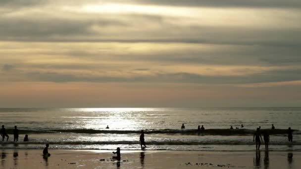 Silhouettes of people walking on the summer beach at sunset — стоковое видео