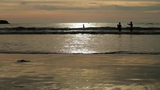 Silhouettes de personnes marchant sur la plage d'été au coucher du soleil — Video