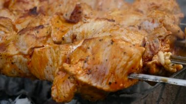 Barbekü ızgara açık sulu et. sıcak kömürleri ve duman. ağır çekim
