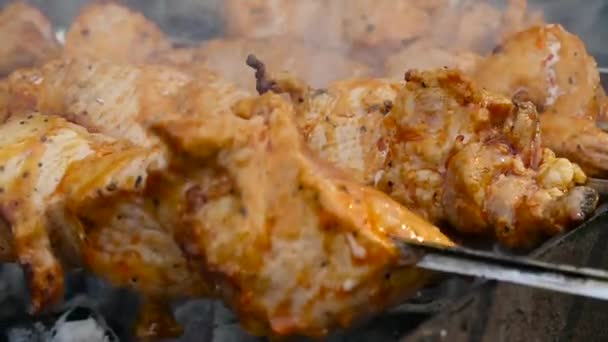 Барбекю под открытым небом, сочное мясо на гриле. горячие угли и пары. замедленное движение — стоковое видео