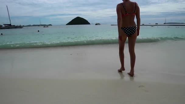 Zorgeloos vrouwen in een bikini in de zee komt met golven geniet van zonnebaden en strand vakantie — Stockvideo