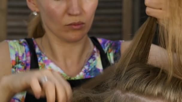 Schöne Frau im Schönheitssalon. professionelle Friseur verwendet einen Haartrockner. Zeitlupe — Stockvideo