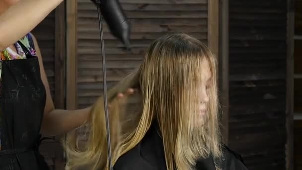 Belle femme dans un salon de beauté. Coiffeur professionnel a utilisé un sèche-cheveux. au ralenti — Video