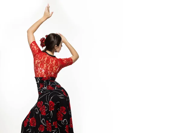 明るい背景にスペインの女の子フラメンコ ダンサー。テキストの無料スペース — ストック写真