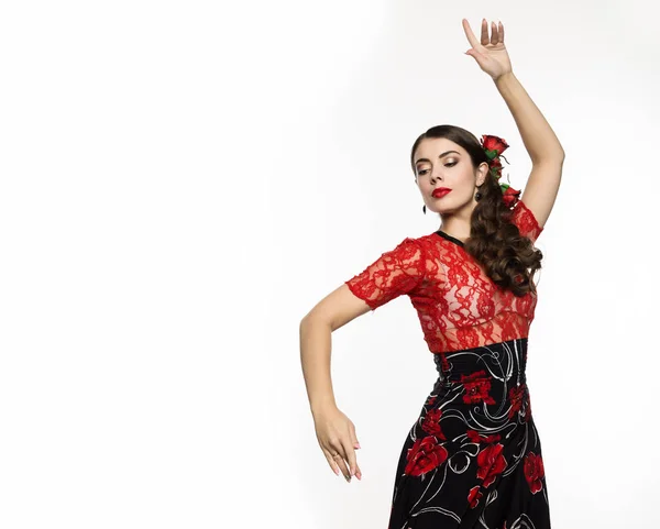 Dançarina de flamenco menina espanhola em um fundo claro. espaço livre para o seu texto — Fotografia de Stock