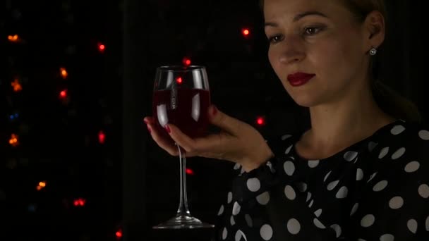 Beautiful Young Woman Drinking Red Wine Dark Beauty Lady Glass — Stock Video