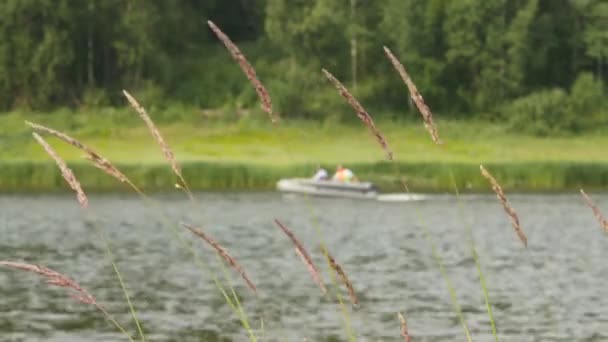 Pequeño barco de motor de pesca que se mueve rápidamente en el río en un tiempo de verano. 4K — Vídeos de Stock