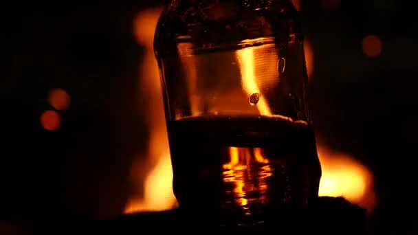 Bouteille de bière sur fond de feu dans un noir. jeu de flamme sur verre brun. au ralenti — Video