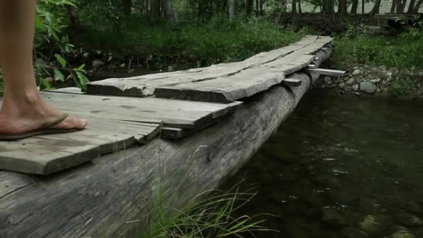 Ung kvinna vandrar längs en smal träbro över en berg flod. Camping och äventyr koncept — Stockvideo