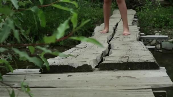 Молодая женщина идет по узкому деревянному мосту через горную реку. кемпинг и приключения — стоковое видео