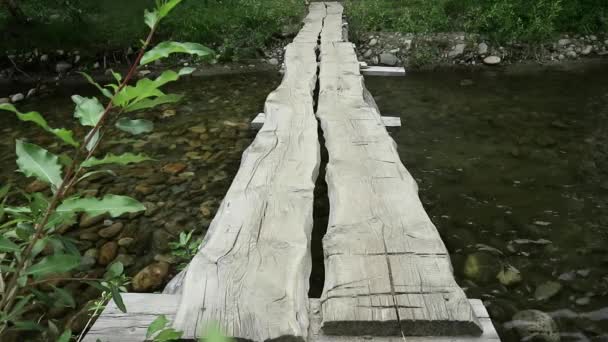 Молода жінка йде вузьким дерев'яним мостом через гірську річку. концепція кемпінгу та пригод — стокове відео