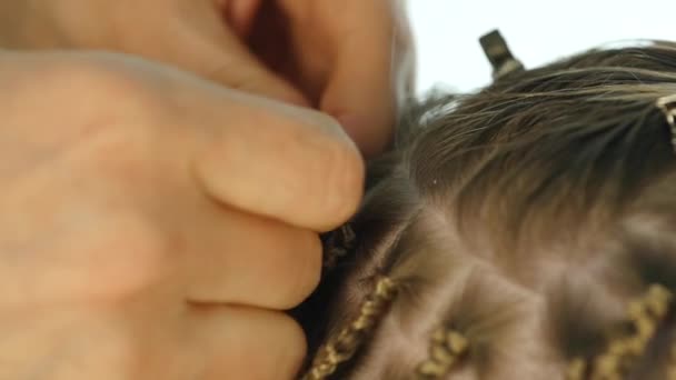 Close-up hands of professional hairdresser. African plaits. Traditional African hairstyles on white women. slow motion — Stock Video