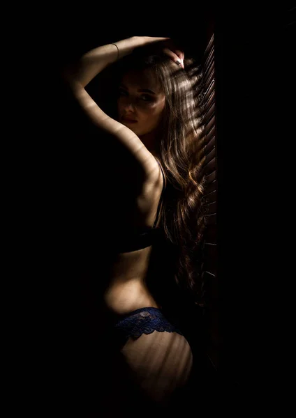 Vacker kvinna i underkläder stending nära fönstret och stängd louver på en solig dag. Randig skugga på en kropp — Stockfoto