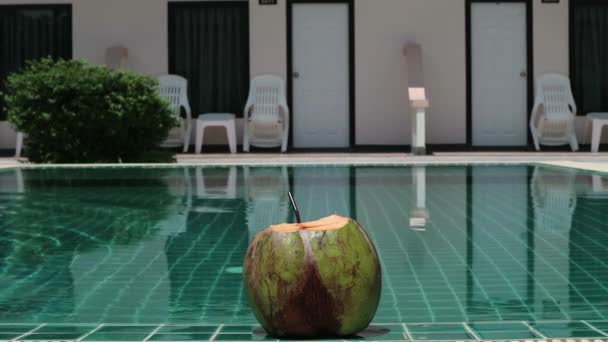 Young woman rest in the pool and drinks cocktail from coconut on a tropical resort — Stock Video