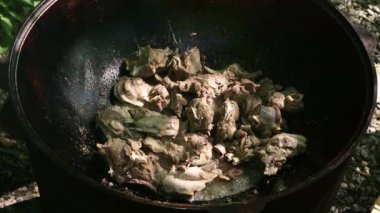 Pilav yemek. Izgara sebze kıyılmış kuzu bir kazan, açık ile. komposto yemek. kamp kavramı