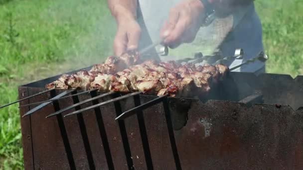 Υπαίθριο μπάρμπεκιου, ζουμερό κρέας στη σχάρα. αναμμένα κάρβουνα και καπνούς — Αρχείο Βίντεο