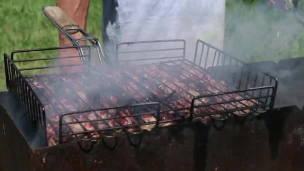 Барбекю под открытым небом, сочное мясо на гриле. горячие угли и пары — стоковое видео