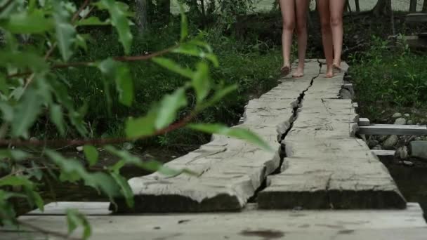 Gençler bacaklar bir dağ nehir üzerinde dar bir ahşap köprü yürüyüş. kamp ve macera kavramı — Stok video